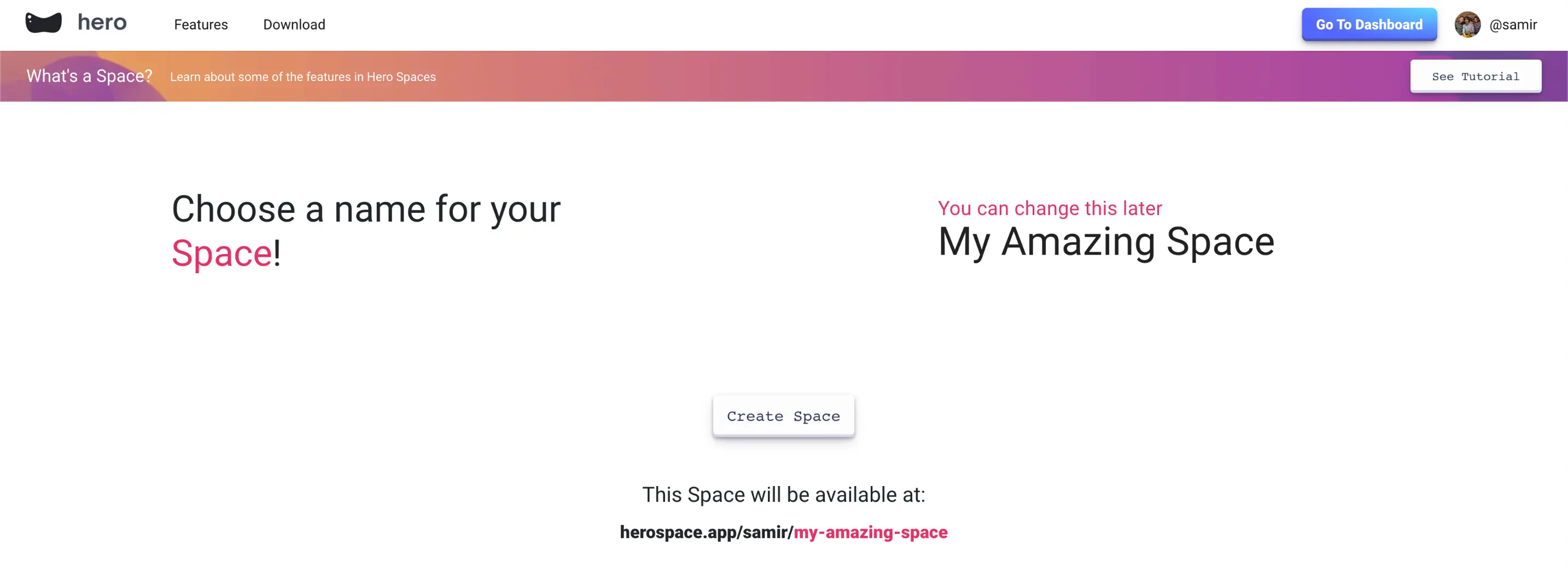 Screenshot of Hero's Create a Space page