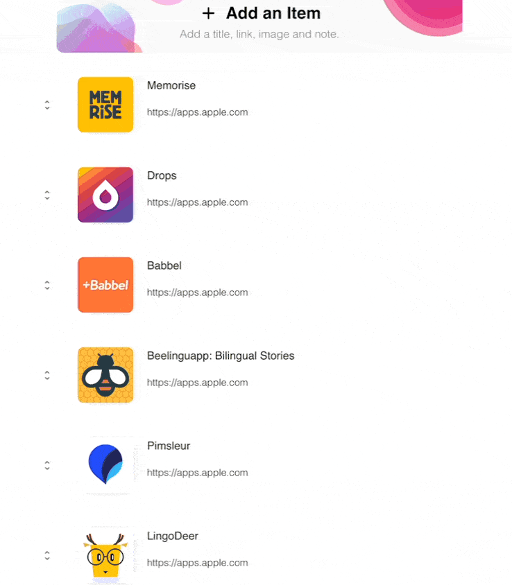 Demo of Dragging and Dropping Links List Items on Hero. This demo is in the Space Editor.