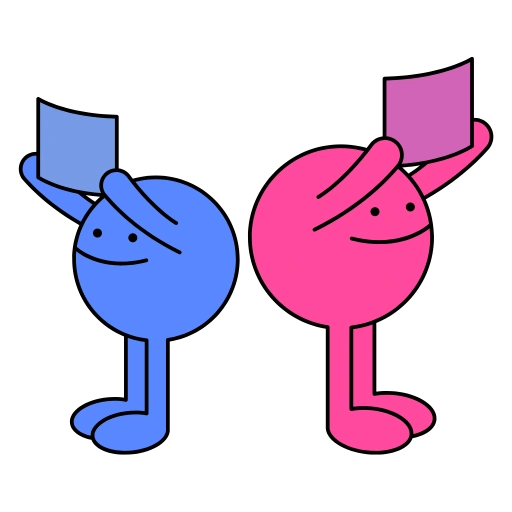 Two circular cartoon characters holding up paper